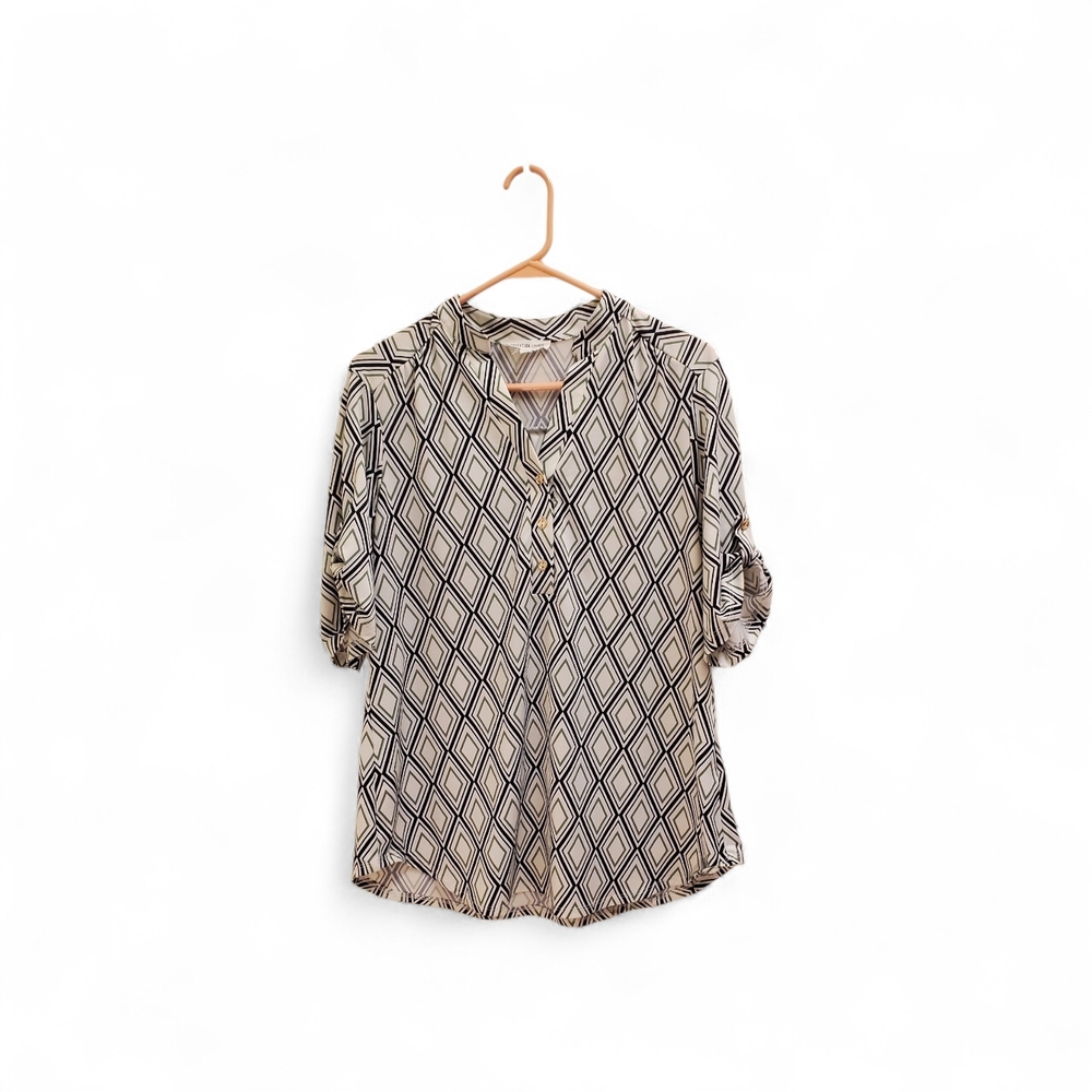 Womens Geometric Print Button Down Tunic Top XL Made in Vietnam